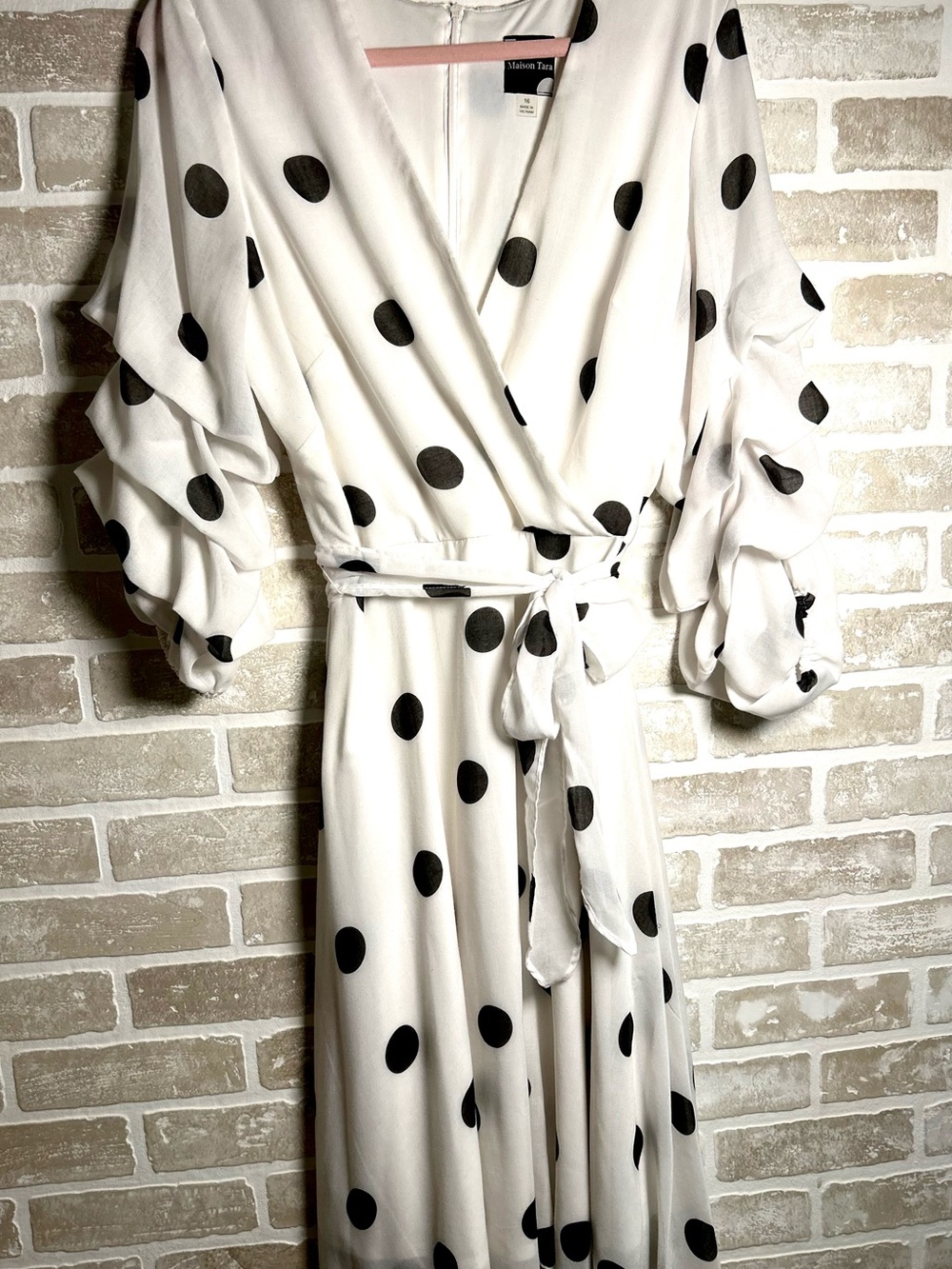 Maison Tara White Midi Wrap Dress with Black Polka Dots